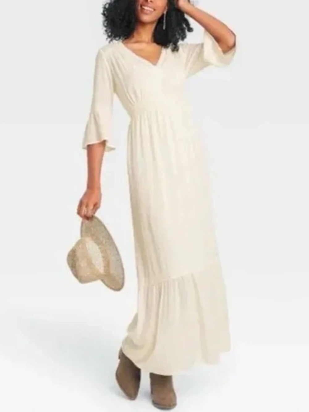Knox Rose Swiss Dot Maxi Dress Bell Sleeve Ivory Cream Cottagecore Size XS
